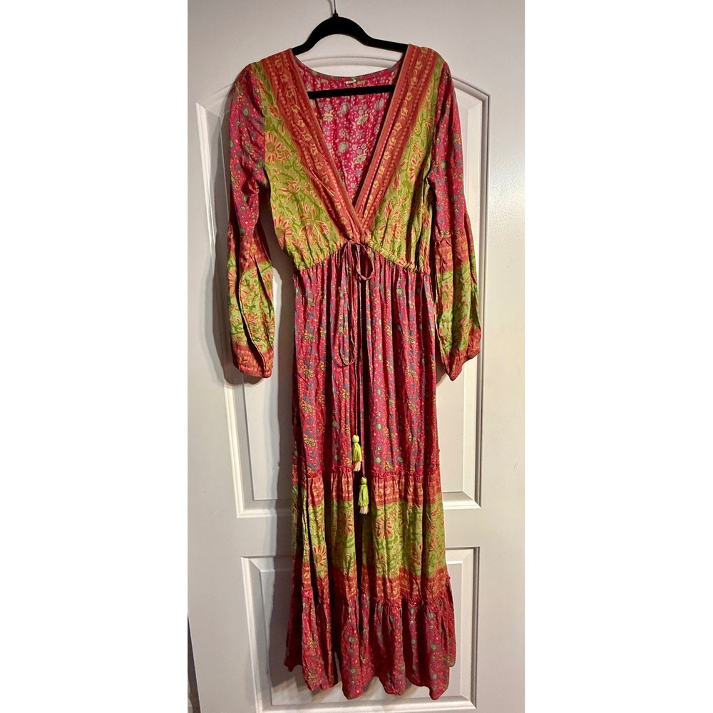 Boutique Floral Bohemian Maxi Dress M Pink Green Tiered Tassel Cottagecore